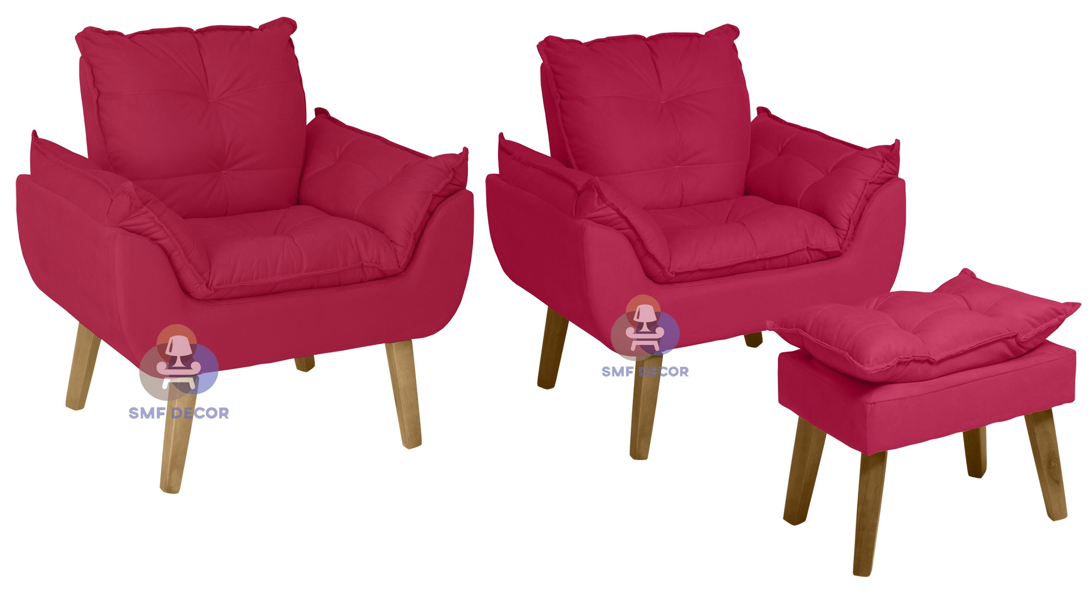 Kit 02 Poltrona Decorativa e Puff Opala Vermelho com fibra de silicone e pés quadrado SMF DECOR