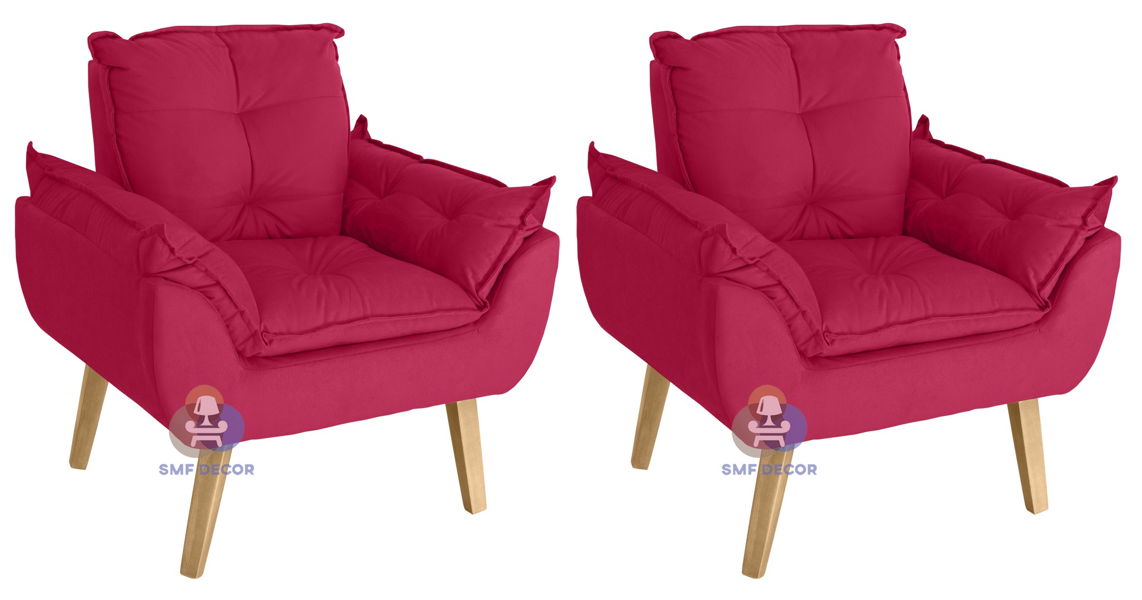 Kit 02 Poltrona Decorativa e Puff Opala Vermelho com fibra de silicone e pés quadrado SMF DECOR