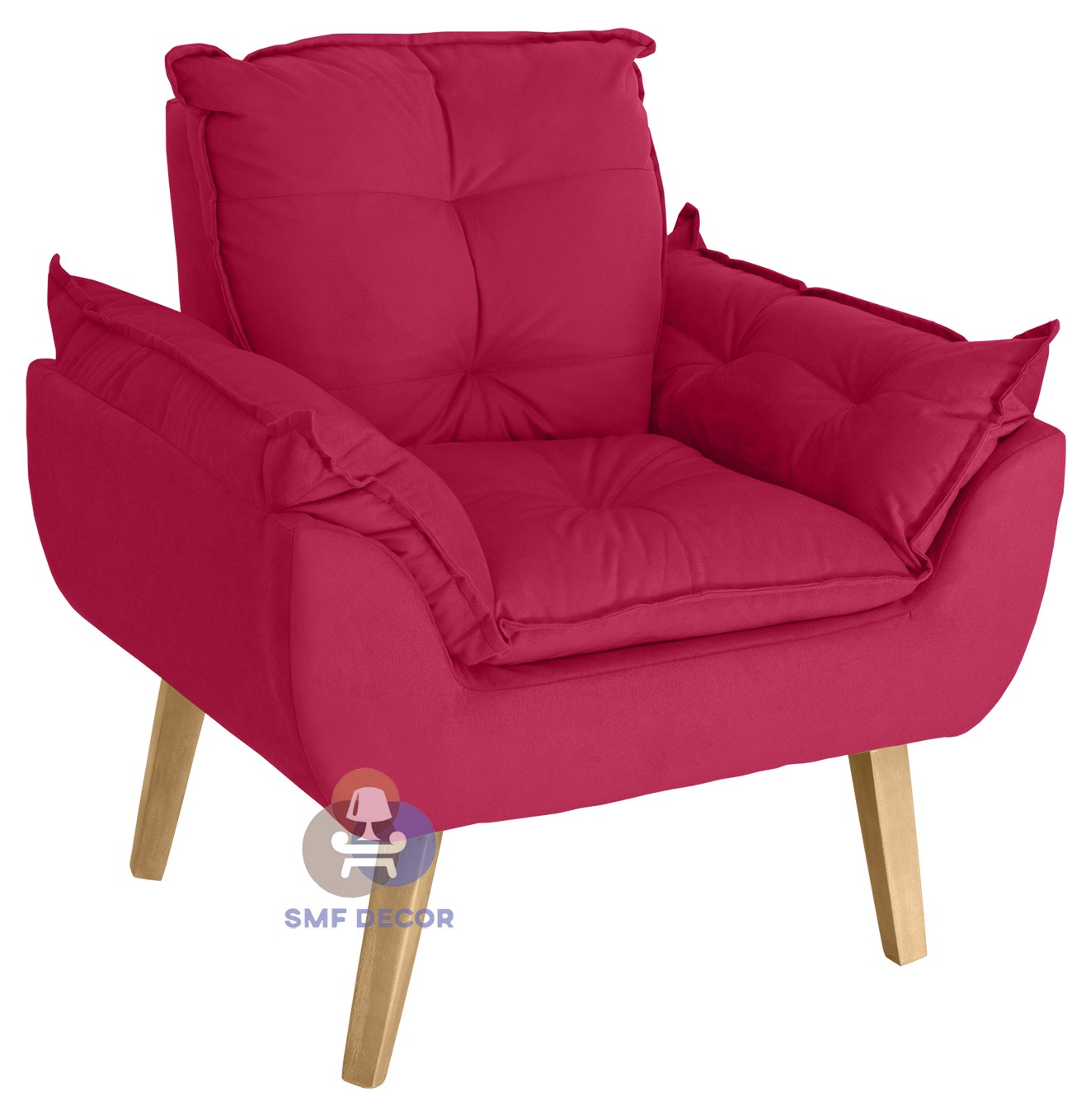 Kit 02 Poltrona Decorativa e Puff Opala Vermelho com fibra de silicone e pés quadrado SMF DECOR