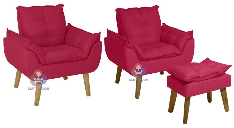 Kit 02 Poltrona/Cadeira Decorativa E Puff Glamour  Com Pés Quadrado Vermelho