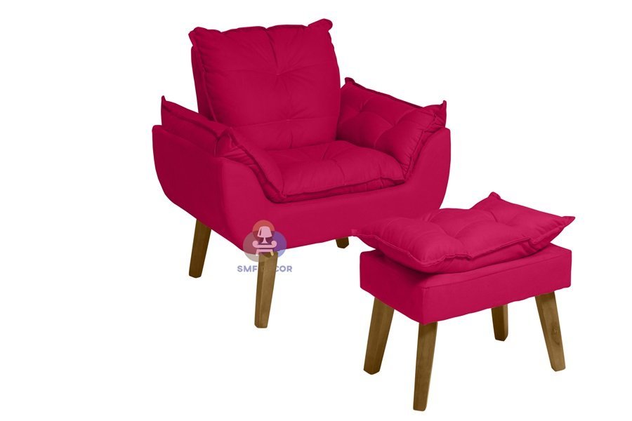Kit 02 Poltrona/Cadeira Decorativa E Puff Glamour  Com Pés Quadrado Vermelho
