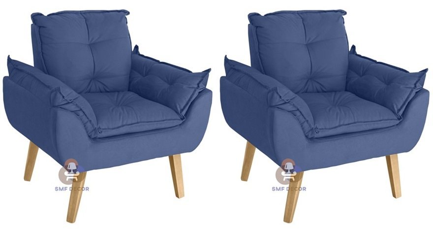 Kit 02 Poltrona/Cadeira Decorativa Glamour Com Pés Quadrado Azul Marinho