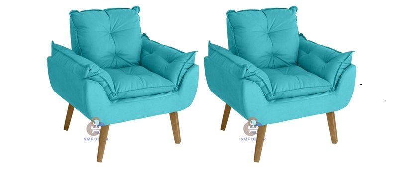 Kit 02 Poltrona/Cadeira Decorativa Glamour Com Pés Quadrado Azul Turquesa