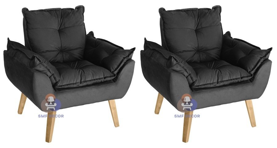 Kit 02 Poltrona/Cadeira Decorativa Glamour Com Pés Quadrado Preto