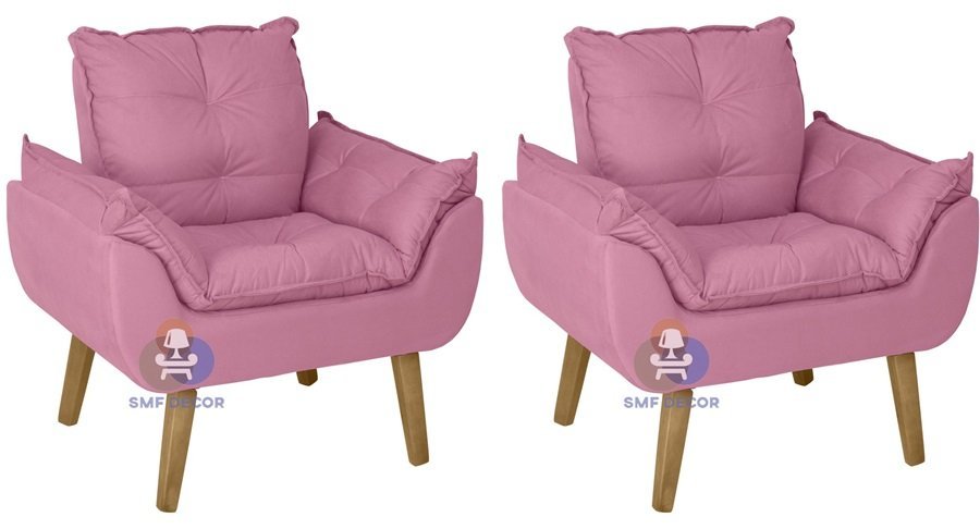 Kit 02 Poltrona/Cadeira Decorativa Glamour Com Pés Quadrado Rosê