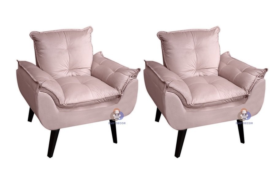 Kit 02 Poltrona/Cadeira Decorativa Glamour Com Pés Quadrado Rosa Veludo