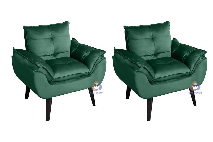 Kit 02 Poltrona/Cadeira Decorativa Glamour Com Pés Quadrado Verde Veludo