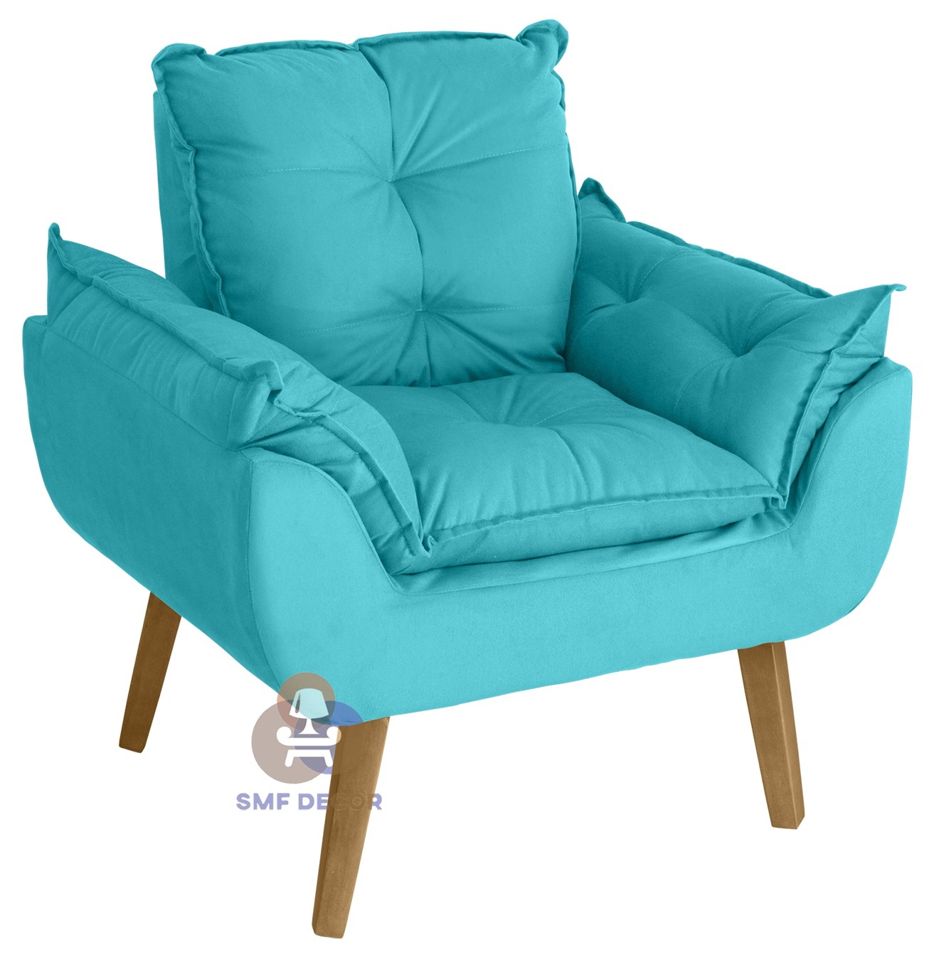 Poltrona Decorativa Confortável Opala Azul Turguesa  com fibra de silicone e pés quadrado SMF DECOR