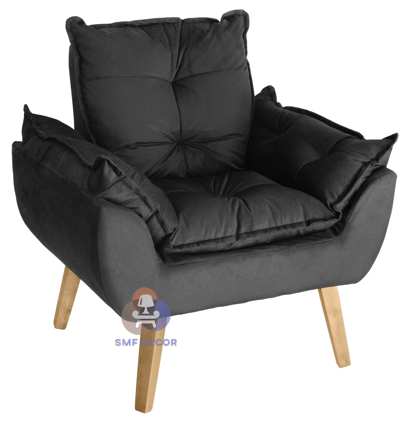 Poltrona Decorativa Confortavel Opala Preto com fibra de silicone e pés quadrado SMF DECOR