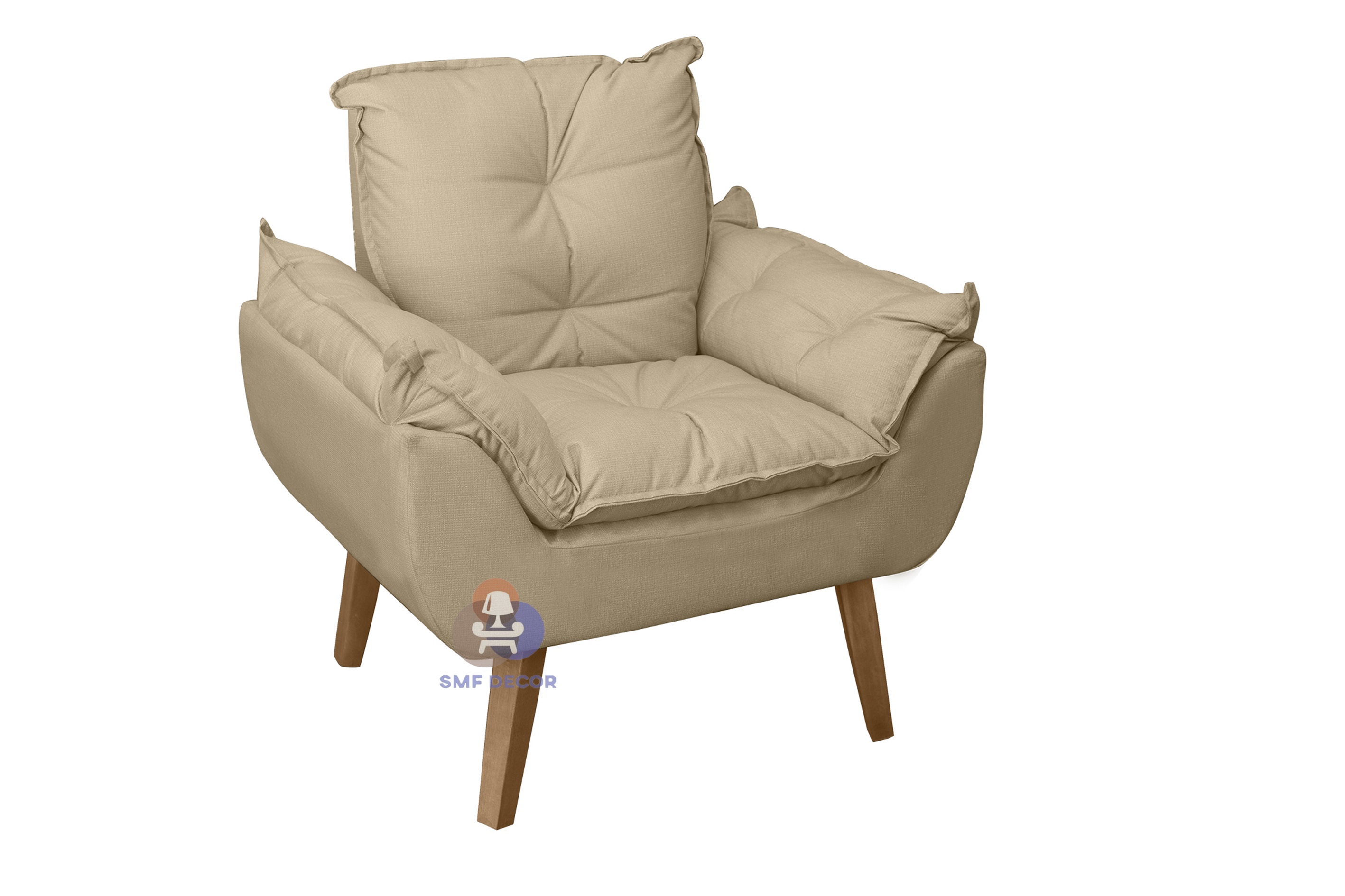 Poltrona Decorativa Opala Bege Linho  com fibra de silicone e pés quadrado SMF DECOR