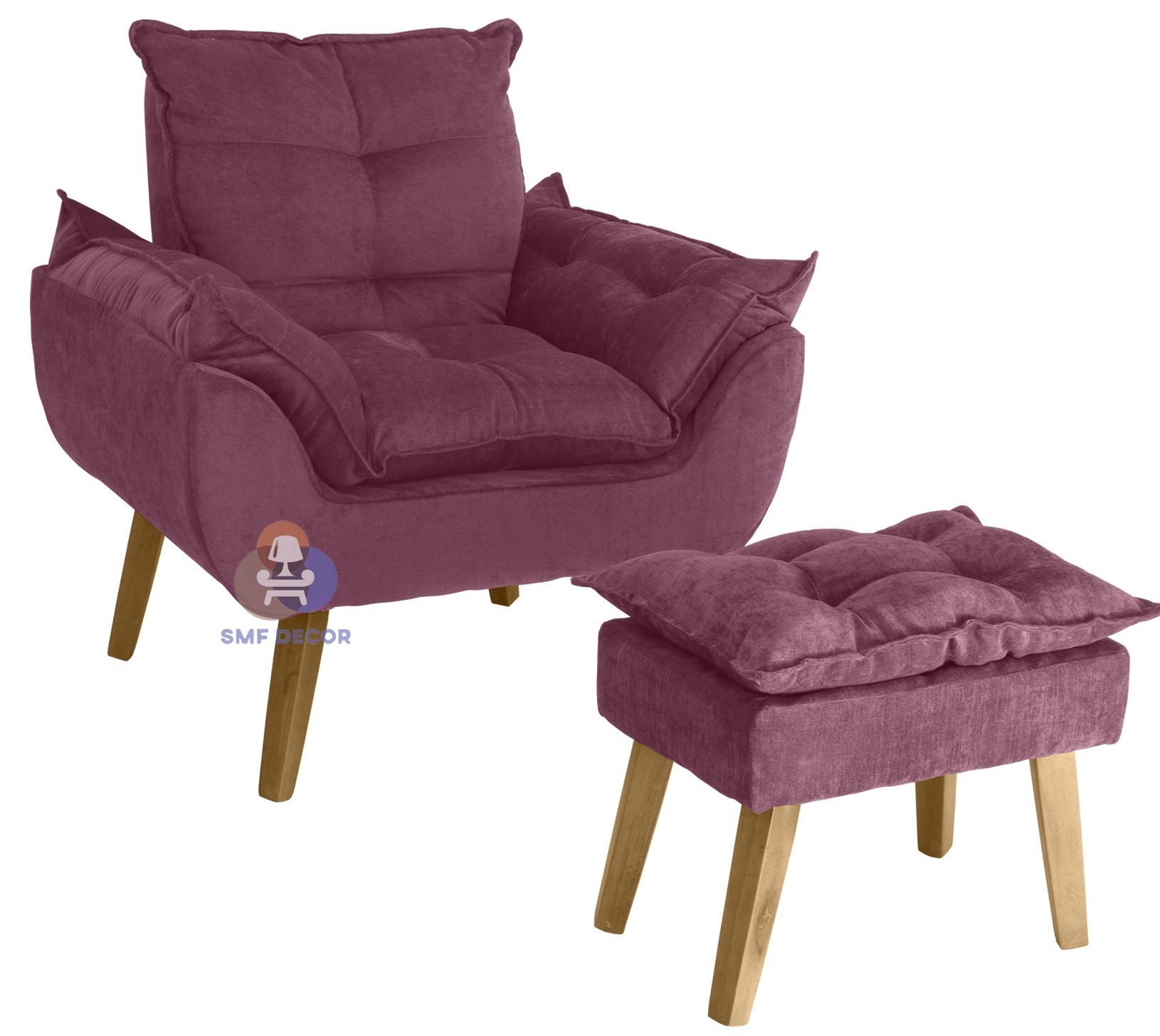Poltrona Decorativa Opala e Puff Opala Bordô/Vinho com fibra de silicone e pés quadrado SMF DECOR