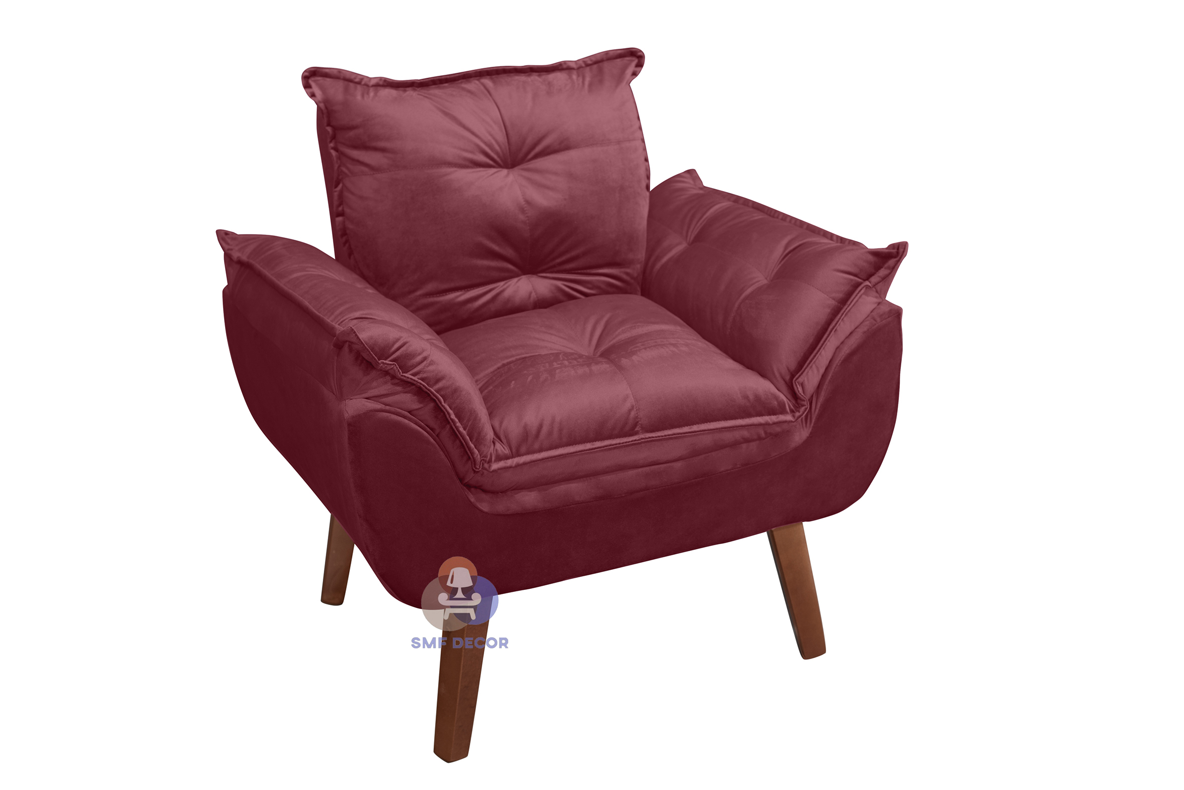 Poltrona Decorativa Opala e Puff Opala Bordô/Vinho com fibra de silicone e pés quadrado SMF DECOR