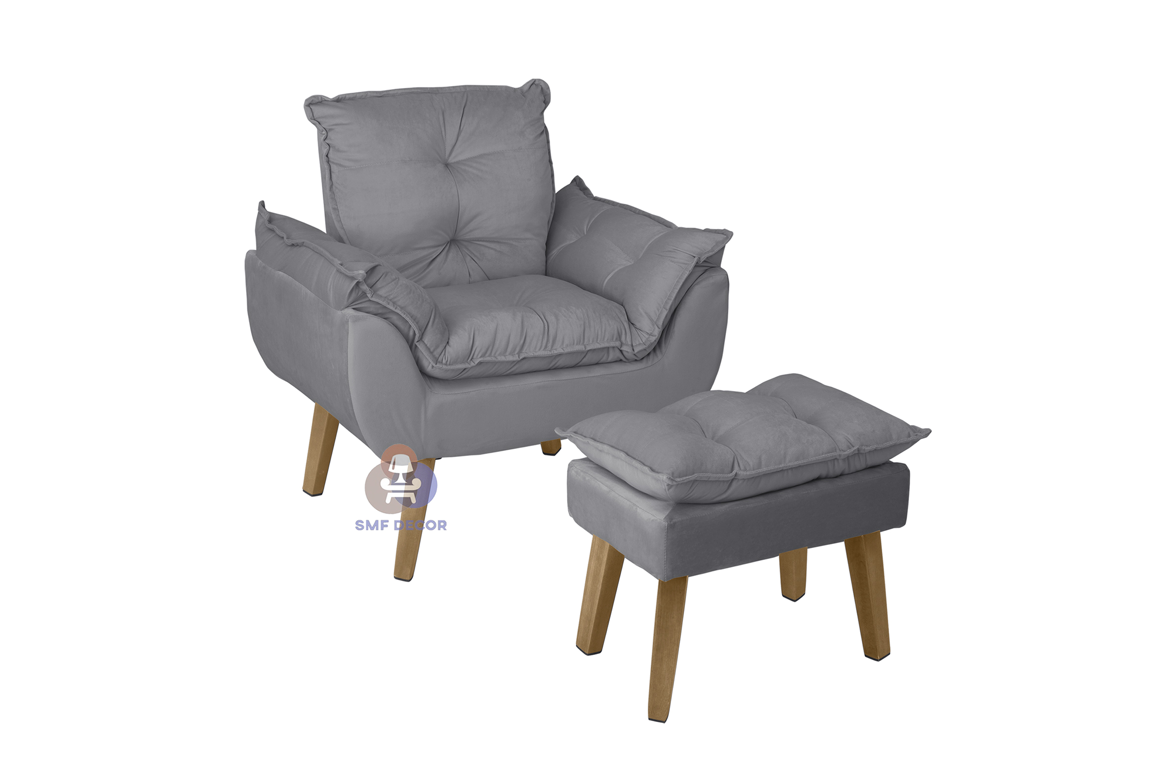 Poltrona Decorativa Opala e Puff Opala Cinza com fibra de silicone e pés quadrado SMF DECOR