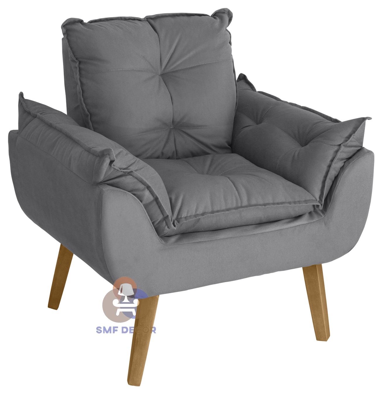 Poltrona Decorativa e Descanso Opala Cinza com fibra de silicone e pés quadrado SMF DEDOR