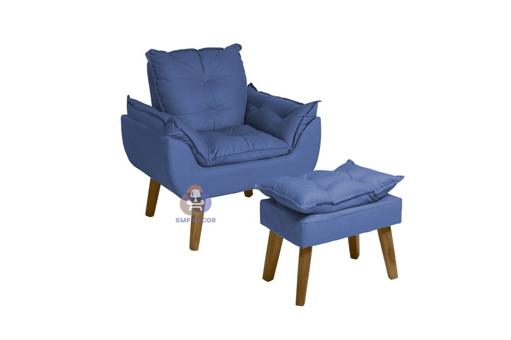 Poltrona/Cadeira Decorativa E Puff Glamour Com Pés Quadrado Azul Marinho