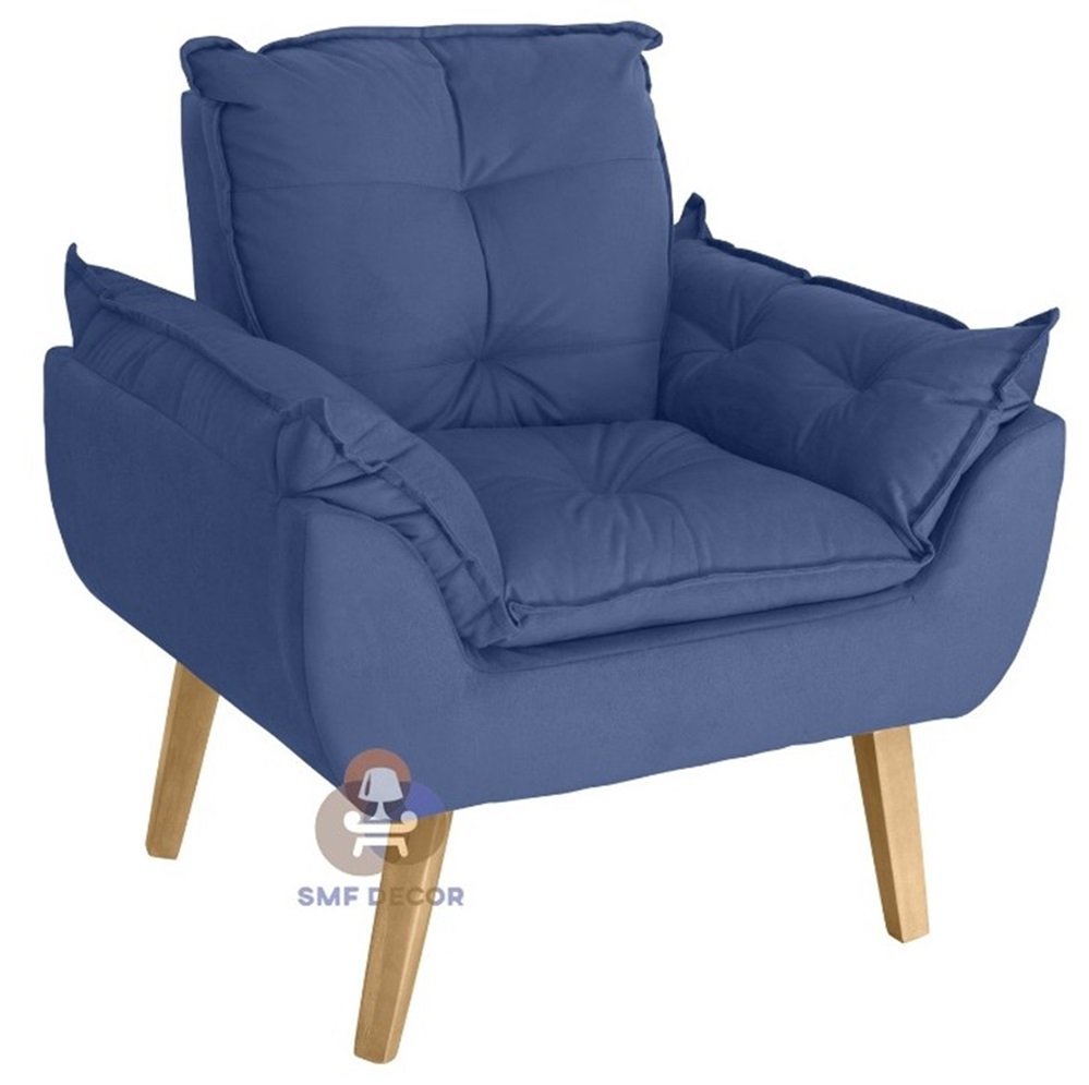 Poltrona/Cadeira Decorativa E Puff Glamour Com Pés Quadrado Azul Marinho