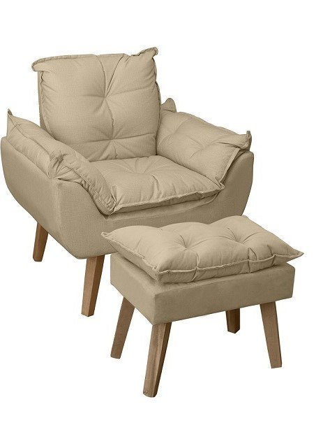 Poltrona/Cadeira Decorativa E Puff Glamour Com Pés Quadrado Bege Linho