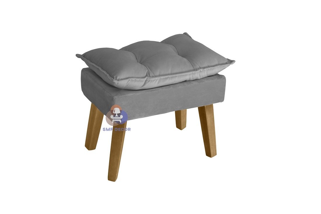 Poltrona/Cadeira Decorativa E Puff Glamour Com Pés Quadrado Cinza