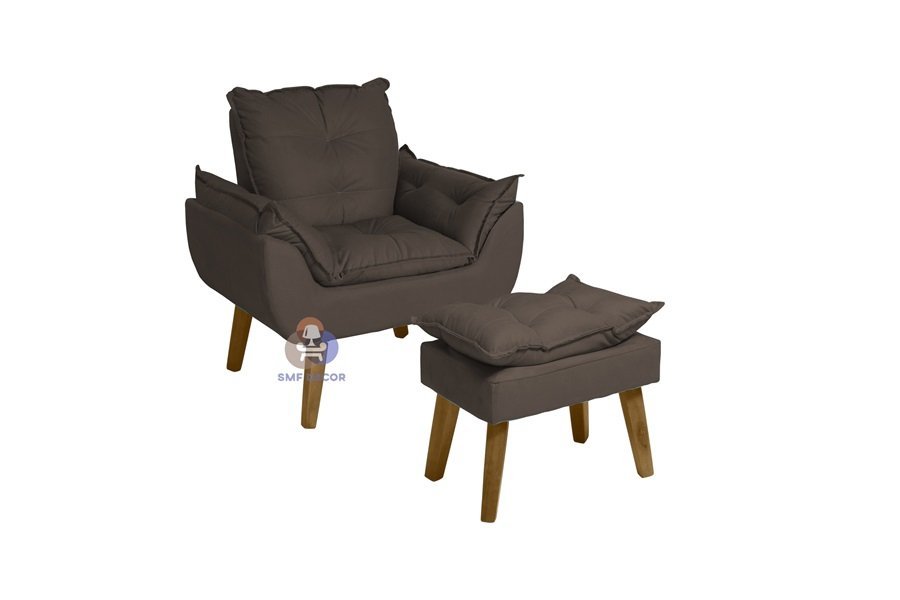 Poltrona/Cadeira Decorativa E Puff Glamour Com Pés Quadrado Marrom