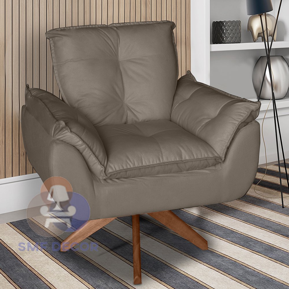 Poltrona/Cadeira Decorativa Glamour Opala Com Base Giratória 30cm em Madeira Capuccino
