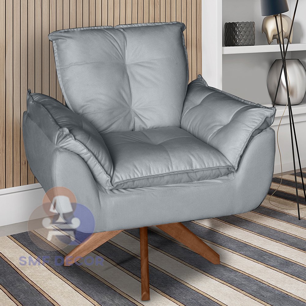 Poltrona/Cadeira Decorativa Glamour Opala Com Base Giratória 30cm em Madeira Cinza