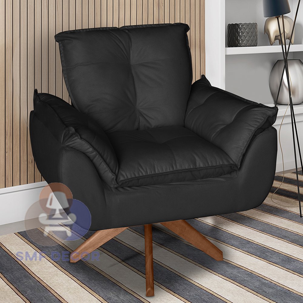 Poltrona/Cadeira Decorativa Glamour Opala Com Base Giratória 30cm em Madeira Preto