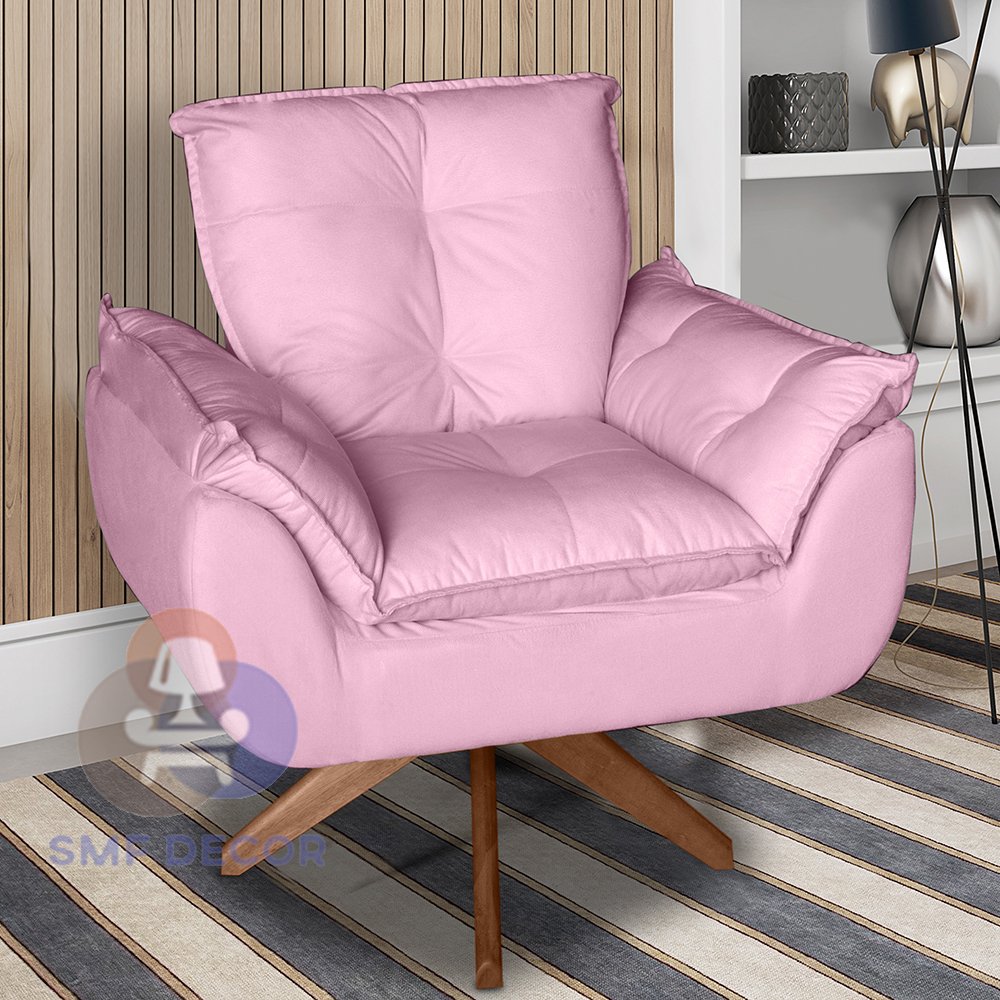 Poltrona/Cadeira Decorativa Glamour Opala Com Base Giratória 30cm em Madeira Rosê
