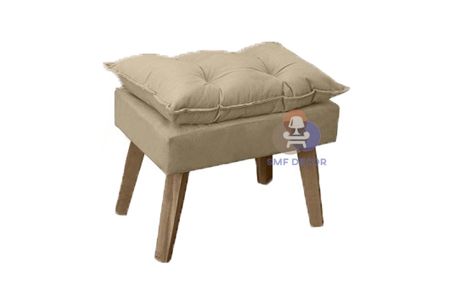 Puff Banqueta Decorativa Glamour Bege Linho Com Pés Quadrado Bege Linho