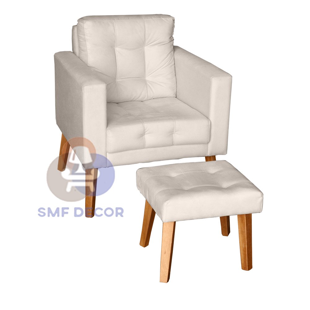 Sofá/Poltrona/Cadeira Decorativa Glamour Dubai com Puff e pés em Madeira Bege