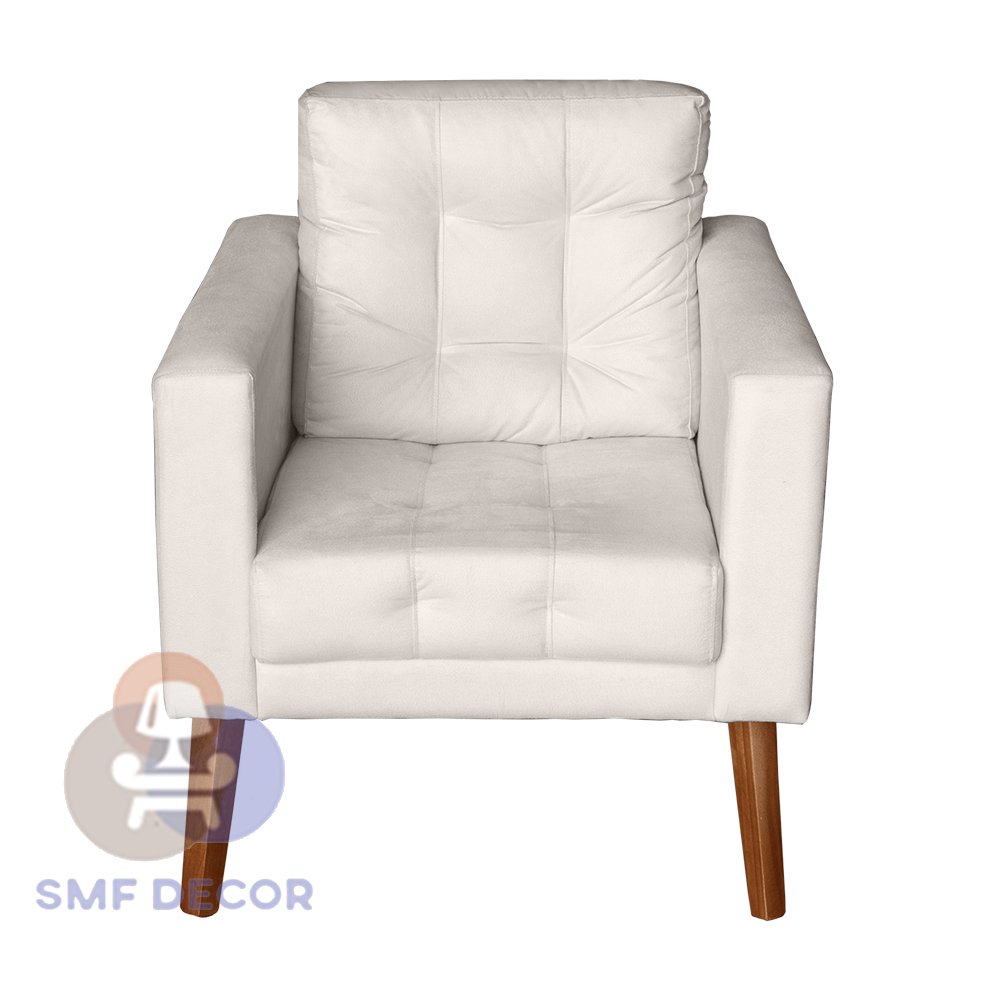 Sofá/Poltrona/Cadeira Decorativa Glamour Dubai com Puff e pés em Madeira Bege