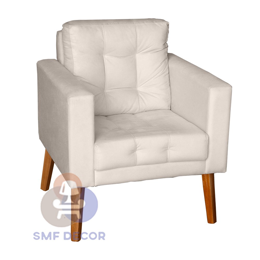 Sofá/Poltrona/Cadeira Decorativa Glamour Dubai com Puff e pés em Madeira Bege