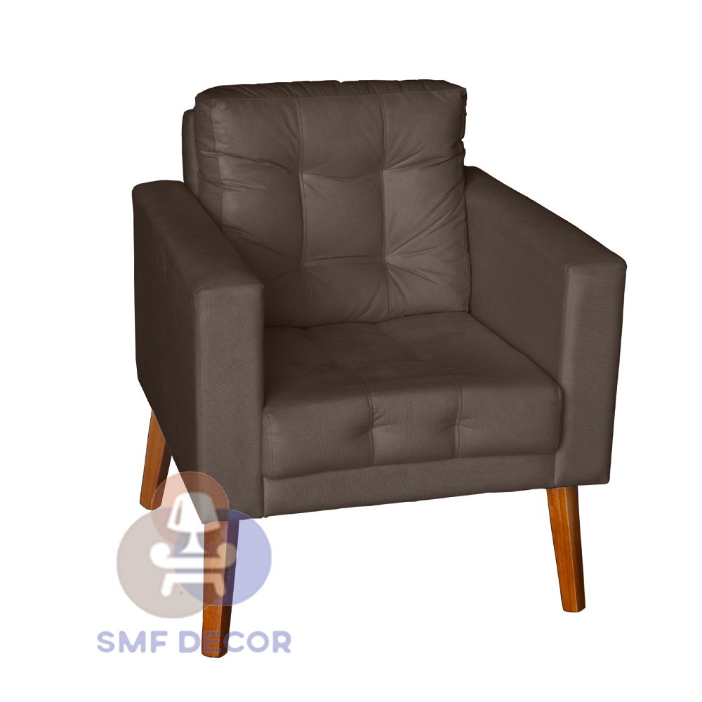 Sofá/Poltrona/Cadeira Decorativa Glamour Dubai com Puff e pés em Madeira Marrom
