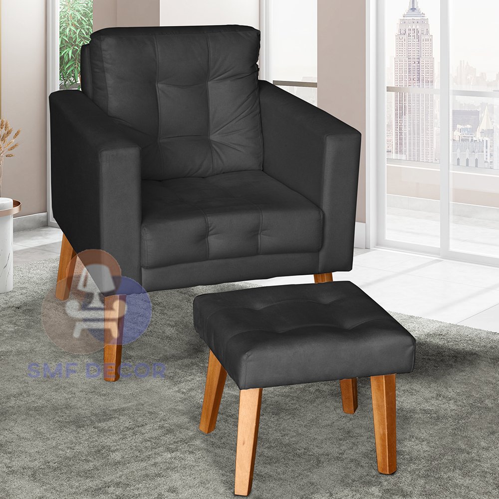 Sofá/Poltrona/Cadeira Decorativa Glamour Dubai com Puff e pés em Madeira Preto