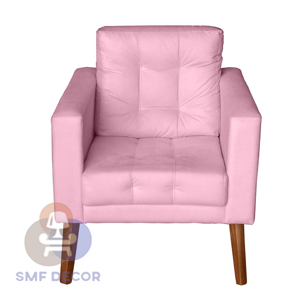 Sofá/Poltrona/Cadeira Decorativa Glamour Dubai com Puff e pés em Madeira Rosê