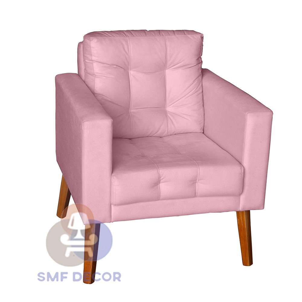 Sofá/Poltrona/Cadeira Decorativa Glamour Dubai com Puff e pés em Madeira Rosê