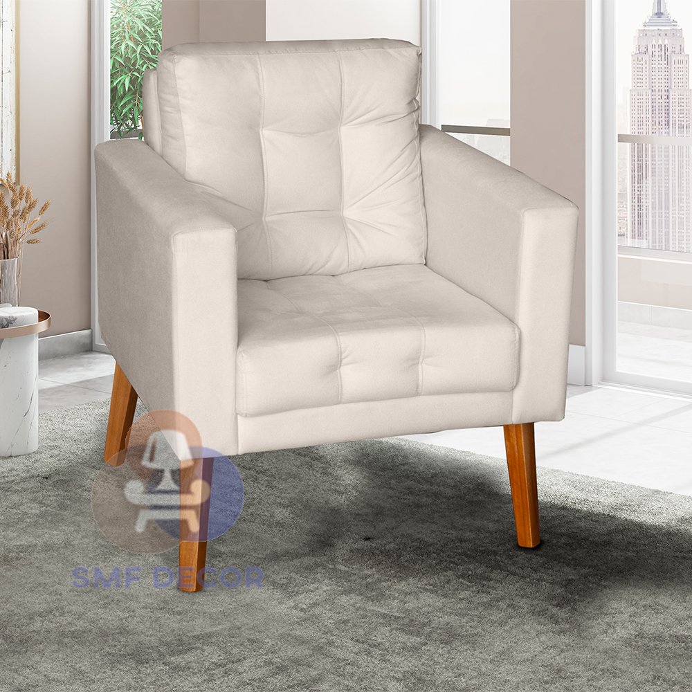 Sofá/Poltrona/Cadeira Decorativa Glamour Dubai com pés em Madeira Bege