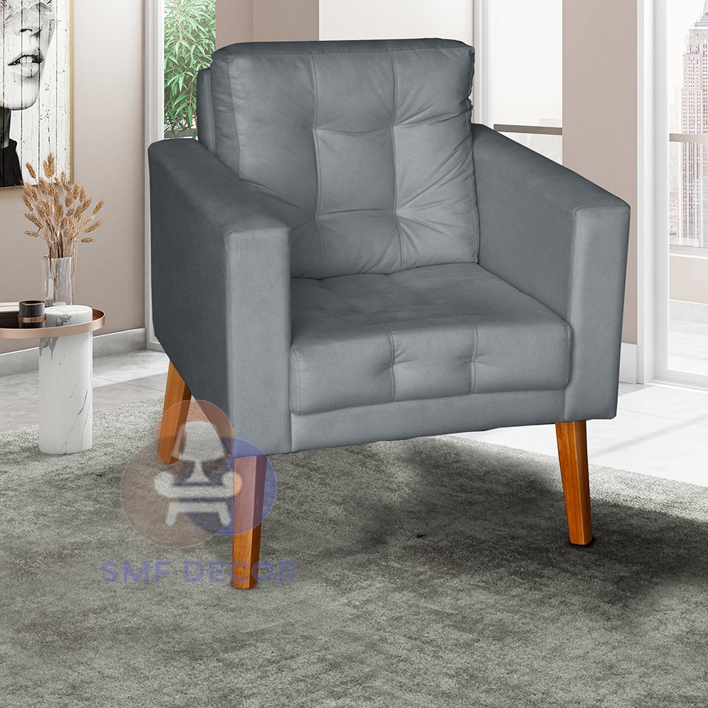 Sofá/Poltrona/Cadeira Decorativa Glamour Dubai com pés em Madeira Cinza