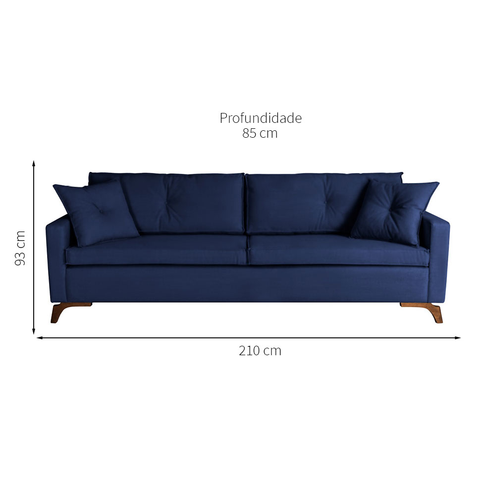 Sofá 3 Lugares Viena Veludo Azul 210 cm