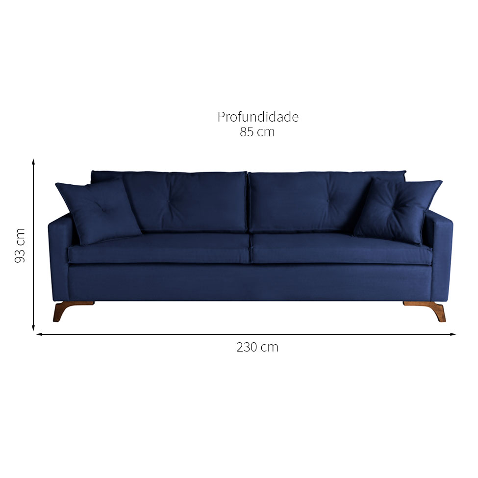 Sofá 3 Lugares Viena Veludo Azul 230 cm