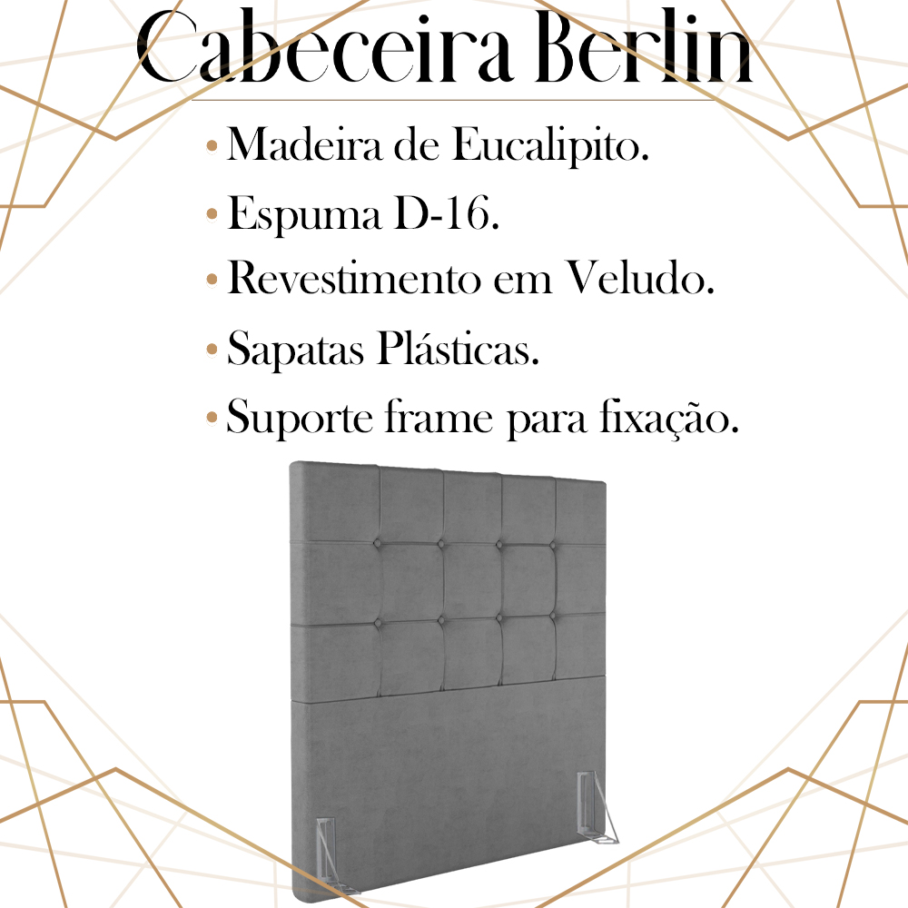 Cabeceira Solteiro 88 cm Berlin Veludo Cinza Soon