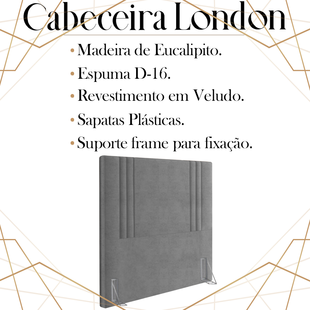 Cabeceira Solteiro 88 cm London Veludo Cinza Soon