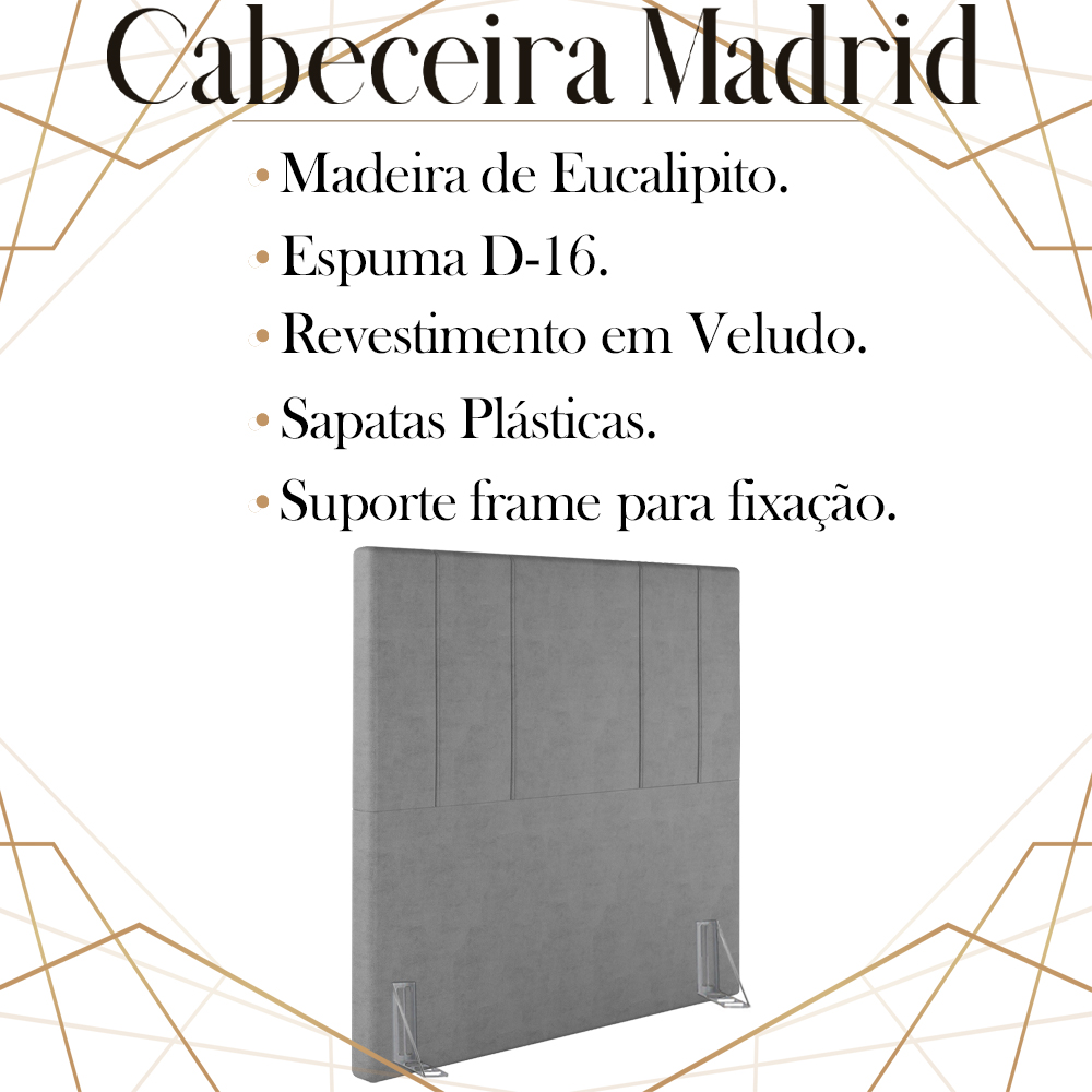 Cabeceira Solteiro 88 cm Madrid Veludo Cinza Soon
