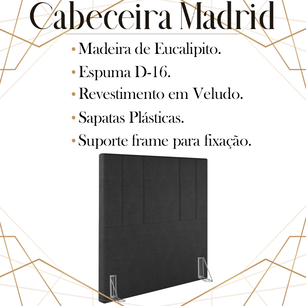 Cabeceira Solteiro 88 cm Madrid Veludo Preto Soon