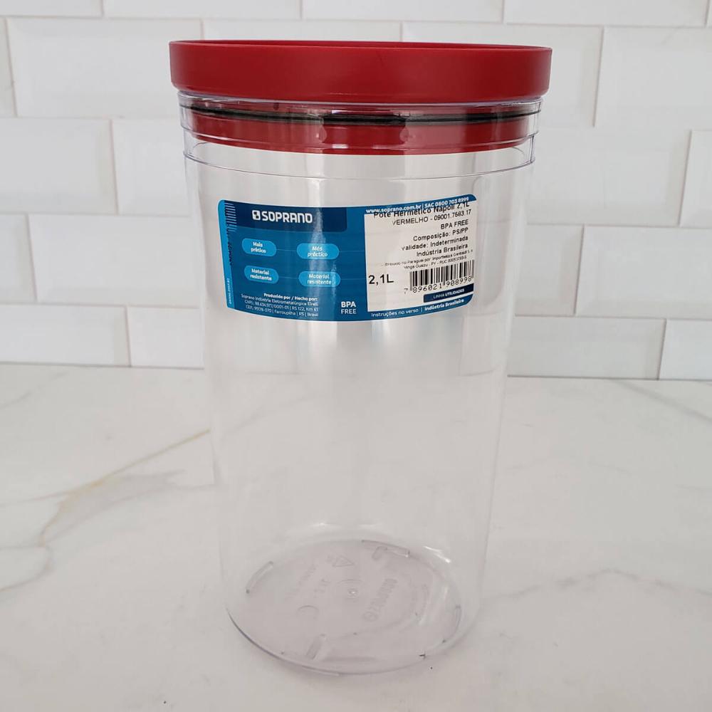 Kit 3 Potes Herméticos Soprano Grandes 2,1l Alimentos Transparente Tampa Plástico Vermelho
