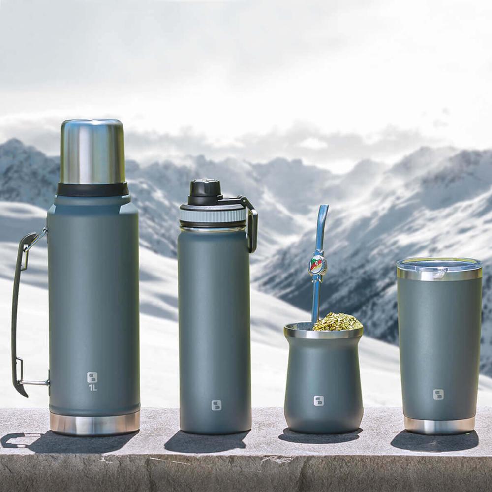 Kit Copo Térmico com Tampa 500ml e Garrafa Térmica 650ml Tampa Dupla Inox Everest Soprano Cinza