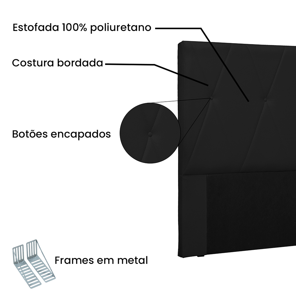Cabeceira Solteiro Aquilla Poliuretano Preta