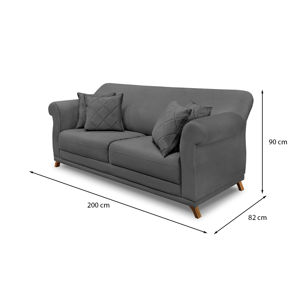 Sofá 3 Lugares Abruzzo Suede Cinza 200 cm