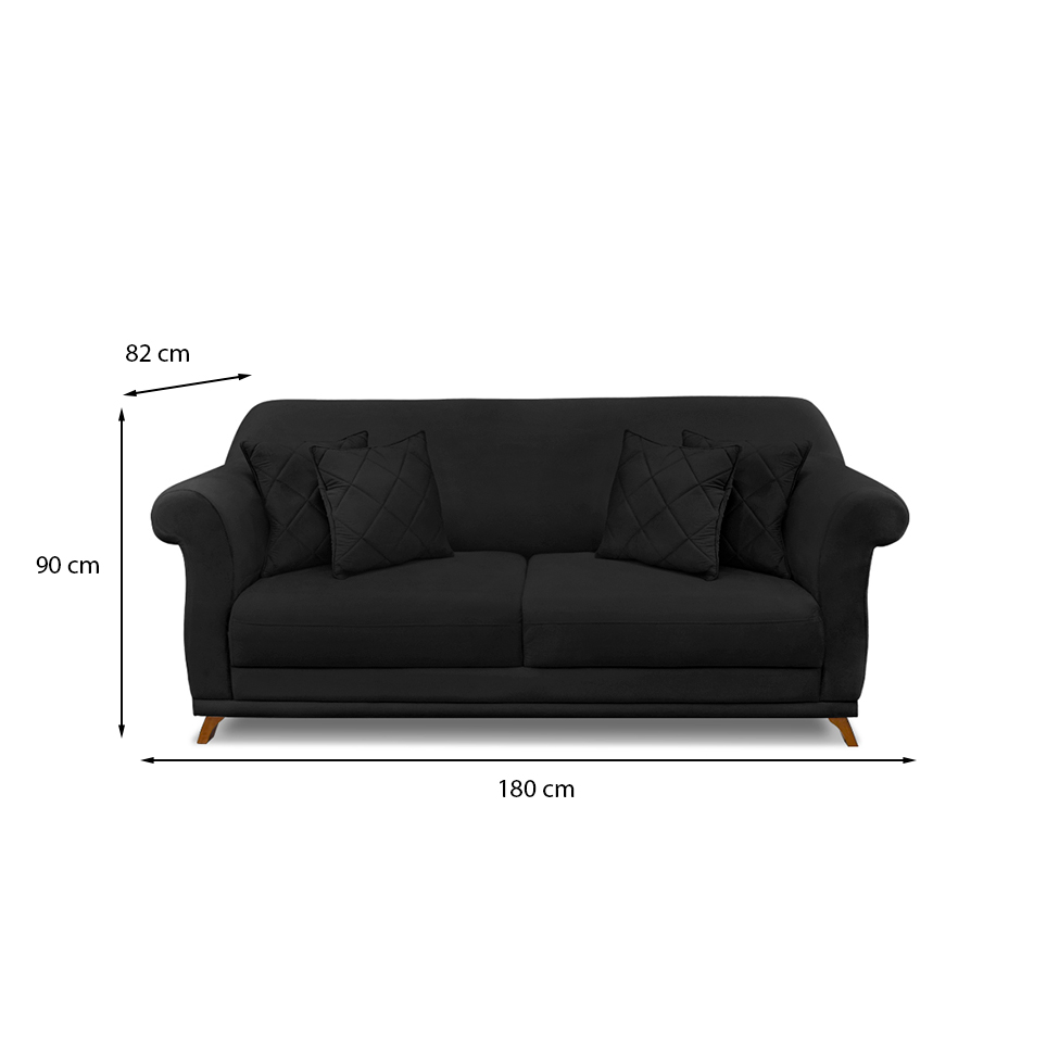 Sofá 3 Lugares Abruzzo Suede Preto 180 cm