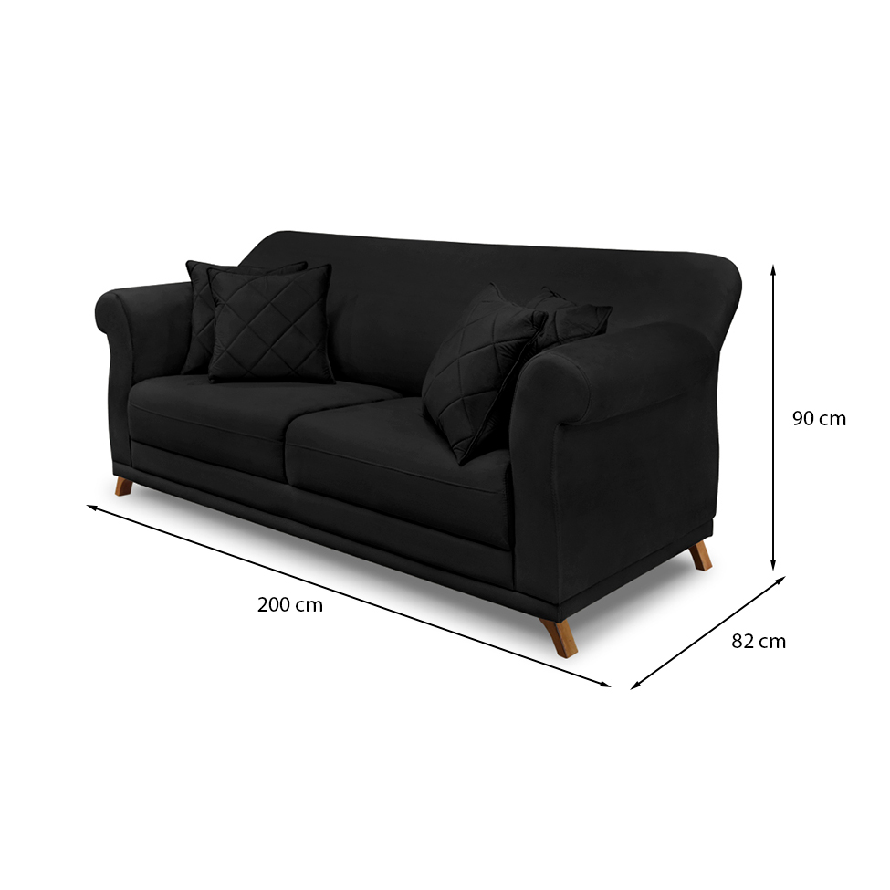 Sofá 3 Lugares Abruzzo Suede Preto 200 cm