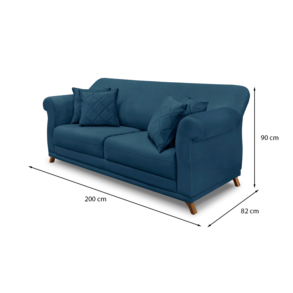 Sofá 3 Lugares Abruzzo Veludo Azul Marinho 200 cm